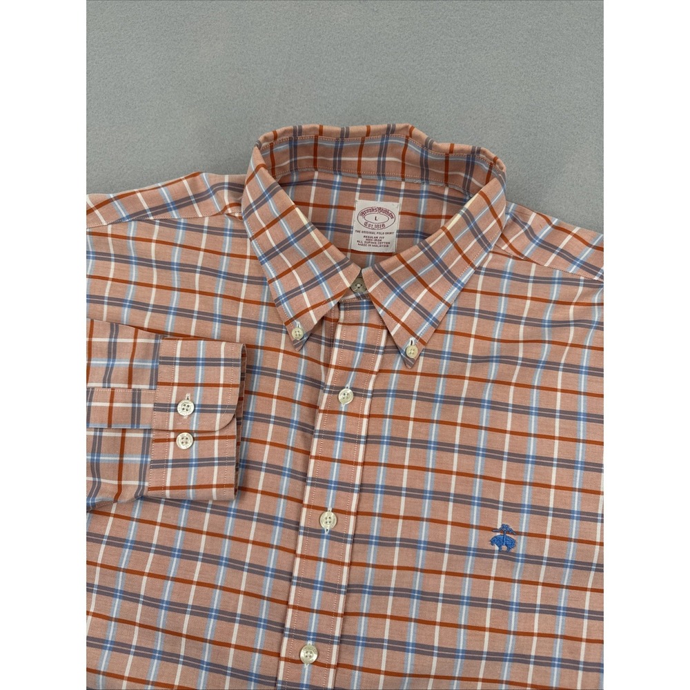 Brooks Brothers Regular Fit Oxford Long Sleeve Button Down Mens L Orange Plaid